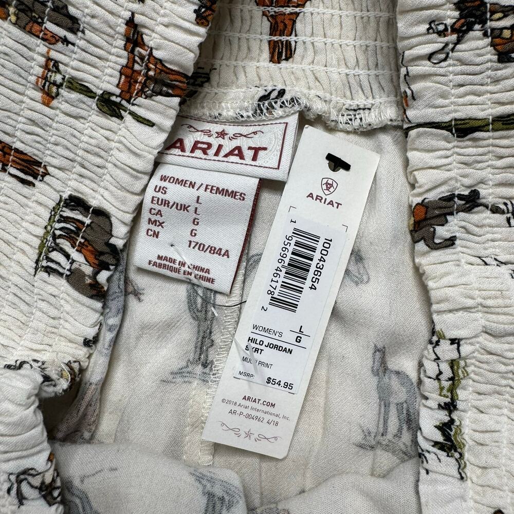 ARIAT *NEW* HiLo Jordan Skirt Sz Large Cowgirl Western Print Ivory Smocked Linen - Picture 6 of 9